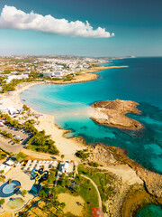 Vertical drone view of Nissi island and beach in Ayia Napa, Cyprus