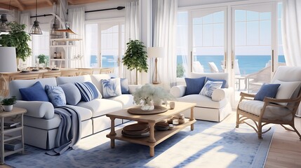 Devise a coastal-themed living room with light, airy fabrics and nautical decor