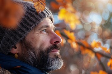 An intimate shot capturing the serene expression of a man, his face framed by the soft light filtering through autumn leaves, conveying a sense of peace and harmony