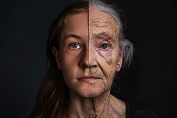 An insightful split-image display contrasting the appearance of a woman in her youth with her appearance in old age