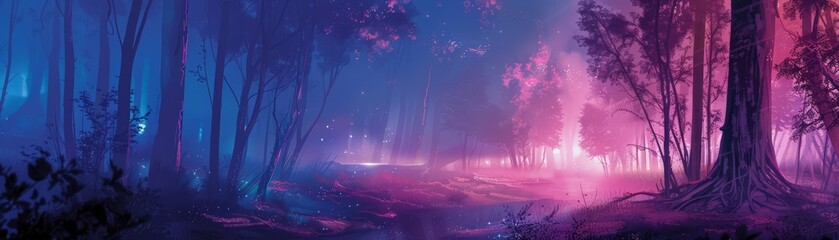 Fantasy scenes of Boreal Forest, where trees dance in cyberpunk 80s colors, blending technology with nature, kawaii template sharpen with copy space