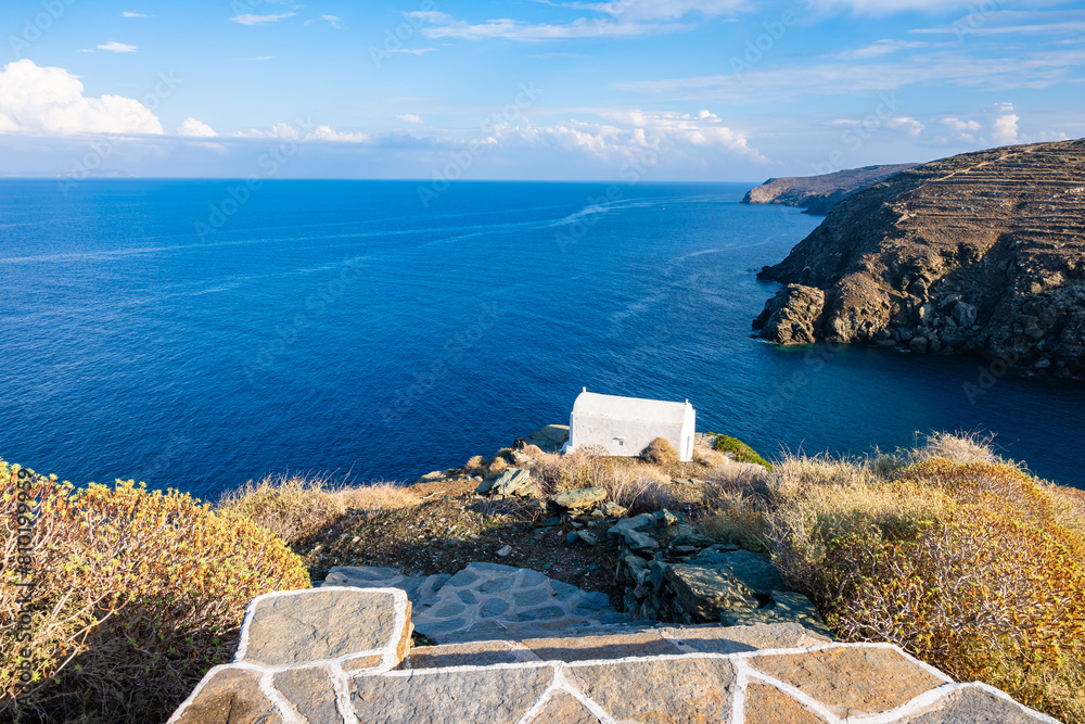 Wall mural path with steps to small chapel on sea coast in kastro village, sifnos island, greece