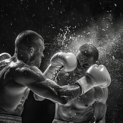 Featuring an intense boxing match, the photo captures a critical moment of impact, highlighting strength and determination