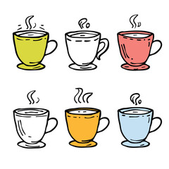 Six colorful doodle style coffee cups steam emitting, suggesting hot beverages. Handdrawn mugs filled, various hues yellow, white, pink, orange, blue, drink illustrations. Simple line art coffee