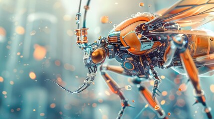 Futuristic concept of a social insect, adorned in humanlike cyber attire, engaging in unique robotic communication in a tech hub, with cyber styles, Sharpen banner with copy space