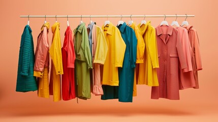 Lively, color-coordinated clothing collection presented with a muted background to draw attention to the vibrant and organized arrangement