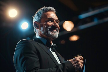 A successful businessman receiving an award on stage with a proud smile