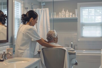 A serene bathroom with modern amenities, where a caregiver assists a senior person with personal care