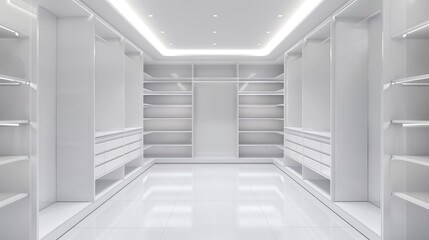 Minimalist and empty closet interior, showcasing a bright white finish that enhances the sense of spaciousness