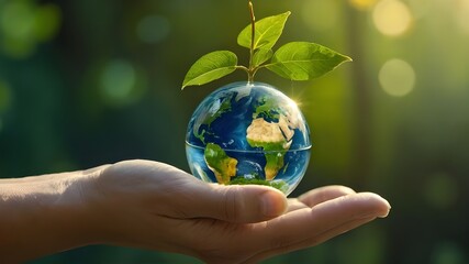 On a green, sunny background, there is a flying yellow butterfly, a growing tree in the human hand, and an earthly crystal glass globe ball. preserving the ecosystem, a clean earth, and the ecological