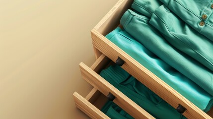Neatly arranged drawers showcasing teal clothing, presented on a cream backdrop with space for text inclusion