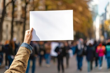 activist holding blank protest sign at political demonstration social issues concept photo