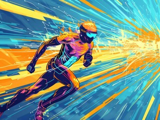 Futuristic Pop art style of an athlete wearing advanced performance gear during a marathon, captured in futuristic styles, banner template sharpen with copy space