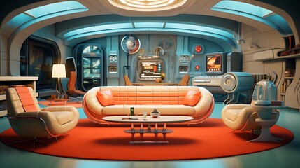 Devise a time-traveler's living room with retro-futuristic gadgets and vintage furniture
