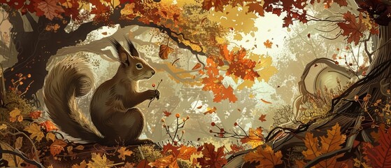 Im crafting an image where squirrels conduct symphonies in autumn forests, a peculiar scene illustrated in an art nouveau style, ideal for a banner of text