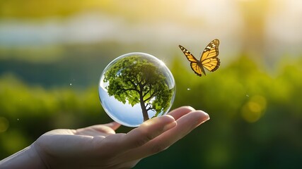 On a green, sunny background, there is a flying yellow butterfly, a growing tree in the human hand, and an earthly crystal glass globe ball. preserving the ecosystem, a clean earth, and the ecological