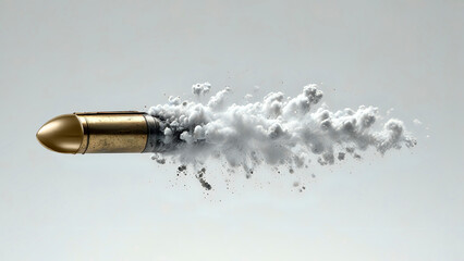 A gun shot bullet flying in speed with cloudy smoke isolated on opaque white background.