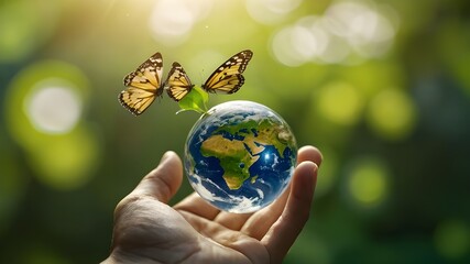 On a green, sunny background, there is a flying yellow butterfly, a growing tree in the human hand, and an earthly crystal glass globe ball. preserving the ecosystem, a clean earth, and the ecological