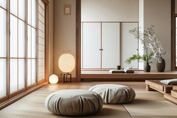 Japanese art style creative design transforms home decor, integrating Zen principles with modern living spaces, featured in a kawaii template sharpen with copy space
