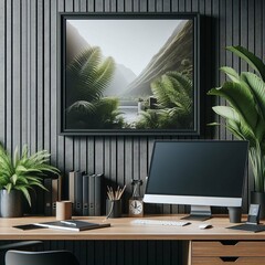 Fototapeta premium Picture of Plants in a Wall Art Frame hanging on the wall of a modern office, staging, modern home, modern decor, mockup, 