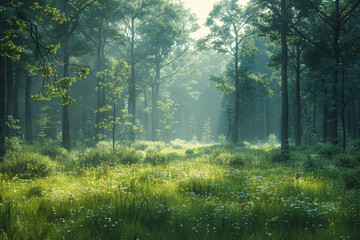 Fototapeta premium A minimalist depiction of a forest with diverse tree species, highlighting the beauty and importance of natural habitats. Generative Ai.