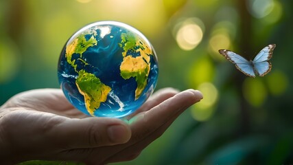 On a green, sunny background, there is a flying yellow butterfly, a growing tree in the human hand, and an earthly crystal glass globe ball. preserving the ecosystem, a clean earth, and the ecological