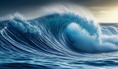 Rolling blue waves crash, moving in with tide of ocean. An ocean wave isolated on opaque white background.