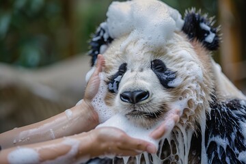 A focused perspective of a panda enjoying a shampoo session, with bright colors and natural...
