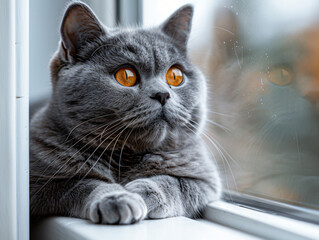 Grey British Shorthair Cat with Orange Eyes