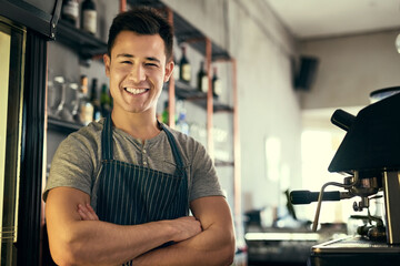 Happy, portrait and barista of cafe with pride in hospitality, service or waiter with arms crossed....