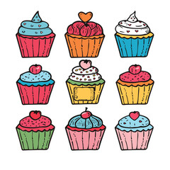 Assorted colorful cupcakes handdrawn illustration, topped icing decorations such hearts sprinkles. Vibrant, cartoonstyle cupcakes ideal bakerythemed designs, featuring various flavors. Fun dessert