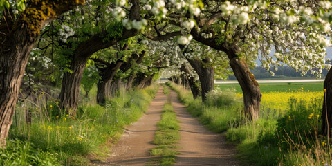Rural path leading through a tunnel of blooming trees, inviting walks under a canopy of flowers