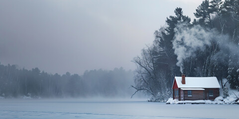 Rustic rural cabin beside a frozen lake, with smoke from the chimney blending into the snowy landscape, epitomizing winter solitude and warmth