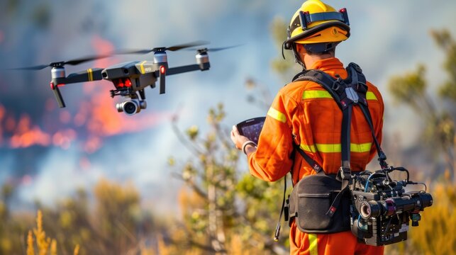 Portrait of firefighter wearing safety gear and using drone to explore the area while preparing or planning to extinguish fire. Close up of fireman wearing protective cloth and survive in fire. AIG42.