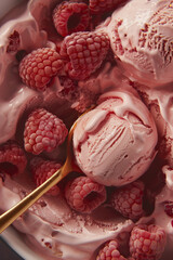 A bowl of ice cream and raspberries on one side topped with a golden spoon