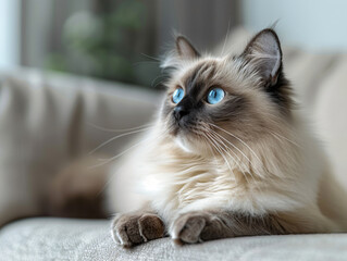Himalayan Cat Blue Eyes sitting on Couch