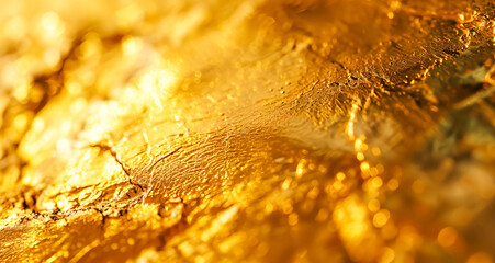Golden Texture Background. Close-Up View of a Rough, Glittering Gold Surface with a Soft Focus and Warm Light. Gold Metal Texture Background. Textured Golden Surface with Light Reflections and Bokeh