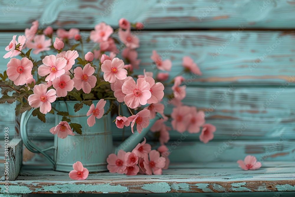 Sticker pale turquoise watering can with pastel pink flowers on a pastel green garden bench, representing ca