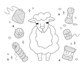 Set with cute sheep and skeins of yarn. Doodle outline vector black and white illustration.