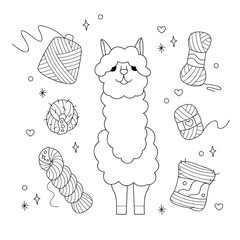Set with cute alpaca and skeins of yarn. Doodle outline vector black and white illustration.