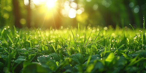 Fresh green grass with dew drops and sunlight. Natural background