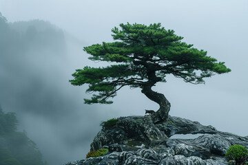 Pine tree on a rock in the foggy mountainous forest