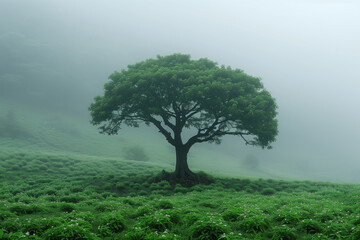 Lonely tree in the morning mist with green grass and flowers