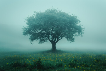 Lonely tree in a foggy meadow with yellow flowers