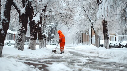Winter Work in Progress: Person in Orange Clearing Snow. A Quiet Snowy Street, Captured in a Serene Moment. Winter Maintenance Service Scene. AI