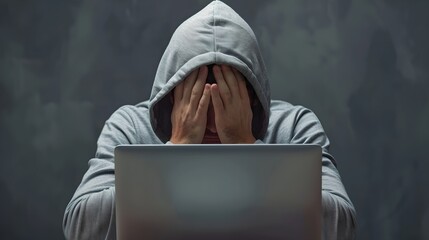 Frustrated person in hoodie facing computer screen with hands on face. Despair and stress at work. Technology overwhelm concept. AI