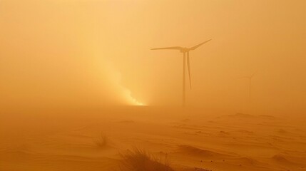 Obraz premium Powering Through the Storm: Wind Turbine Stands Strong, Generating Clean Energy During Sandstorm