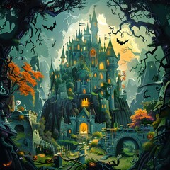 Abandoned magical castle in vector style