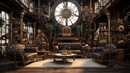 Establish a steampunk-themed living room with industrial elements and Victorian-era aesthetics