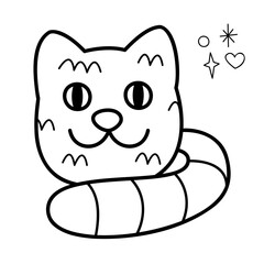 Knitted cat. Doodle outline vector black and white illustration.
